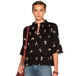 Ulla Johnson Floral Swiss Dot Charlotte Print Mock Neck Blouse Pheasant 0